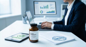 Флакон дієтичної добавки поруч із документами про введення в обіг та реєстрацію в Україні.