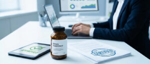 Флакон дієтичної добавки поруч із документами про введення в обіг та реєстрацію в Україні.